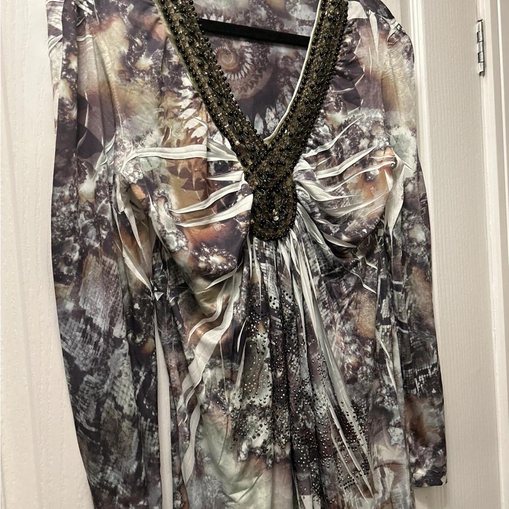 QED London Black and Brown Ruched Long Sleeve Blouse